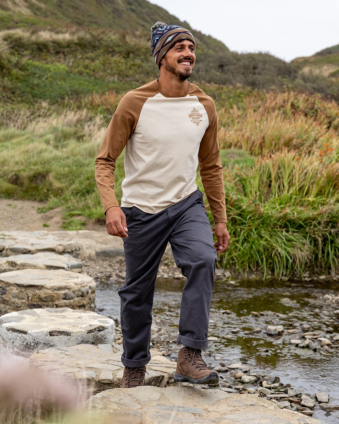 Wave Chaser - Mens Raglan Long Sleeve T-Shirt - Brown/Cream