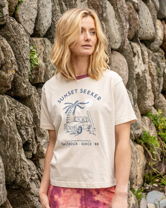 Sunset Seeker Womens Boxy Short Sleeve T-Shirt in Cream