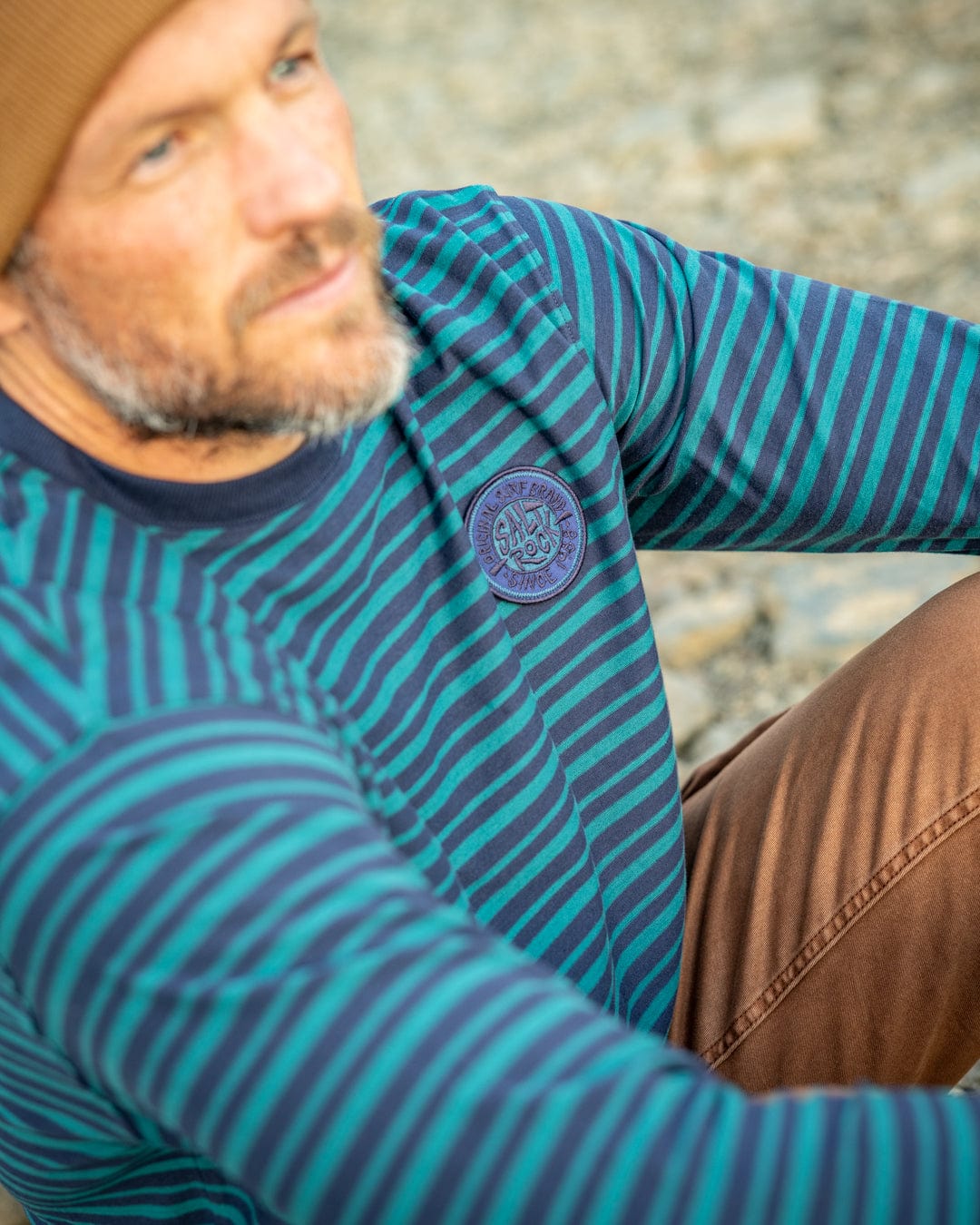 Original SR Badge - Mens Oversized Striped Long Sleeve T-Shirt  - Teal