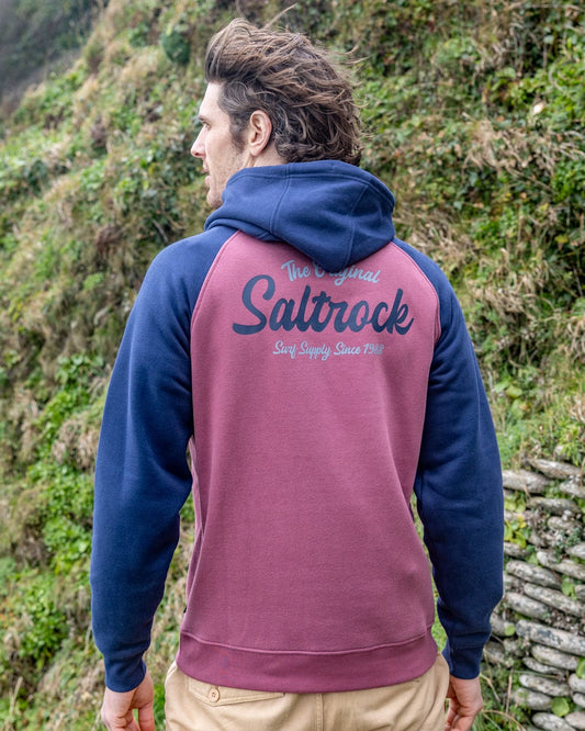 Postcard Script Mens Raglan Pop Hoodie in Dark Pink/Blue