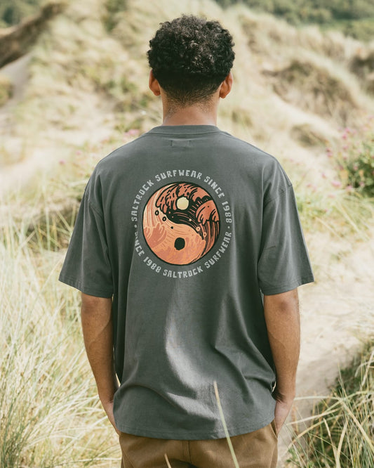 Yin Yang Wave Mens Oversized T-Shirt In Dark Grey