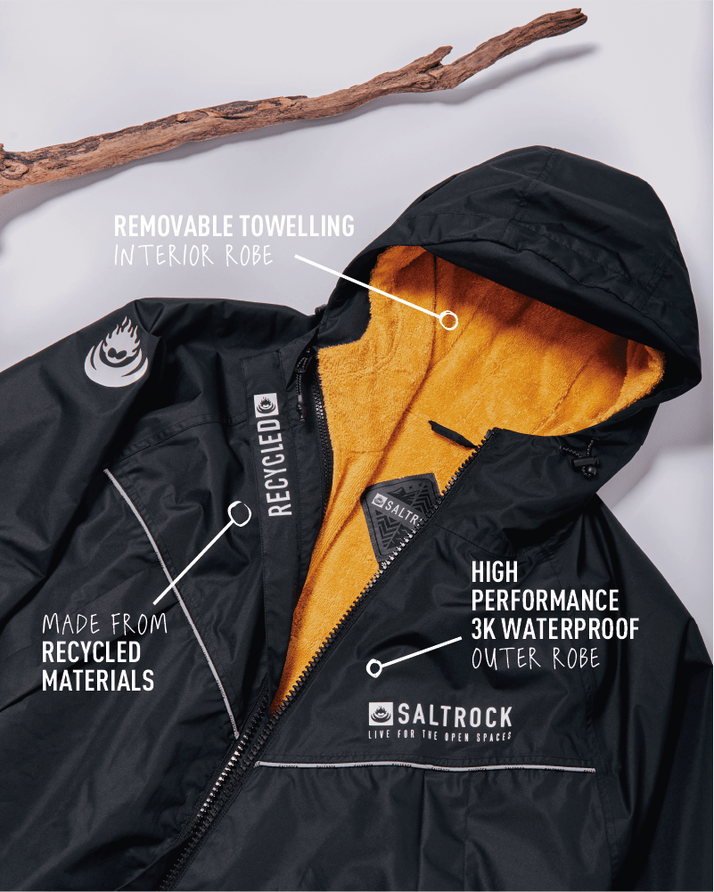 Displayed on a white background is the Saltrock 3 in 1 Recycled Changing Robe - Black/Yellow. Labels highlight features such as recycled materials, high-performance 3K waterproof robe, and removable towelling interior. The design also includes critically taped seams for added durability.