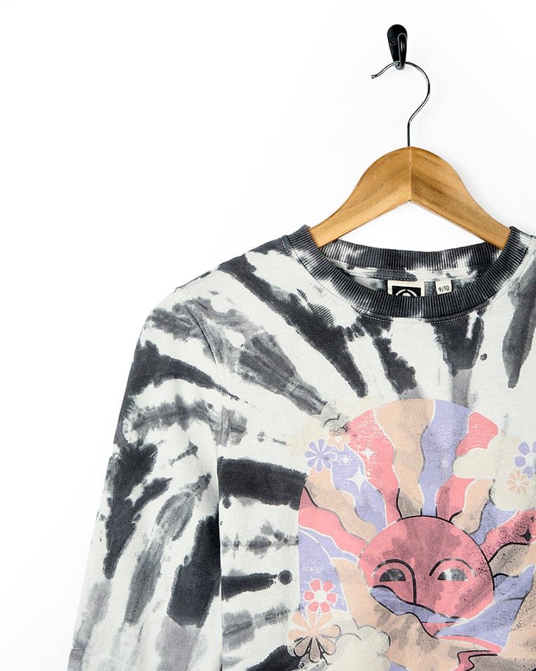 A Saltrock Adventure Awaits - Kids Tie Dye Longline Sweat - Grey with an image of a sun.