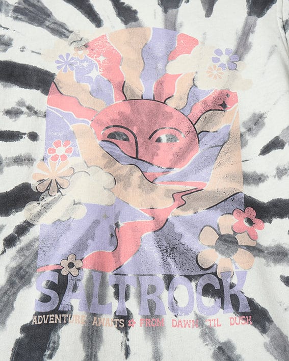 An Adventure Awaits - Kids Tie Dye Longline Sweat - Grey with the brand name Saltrock on it.