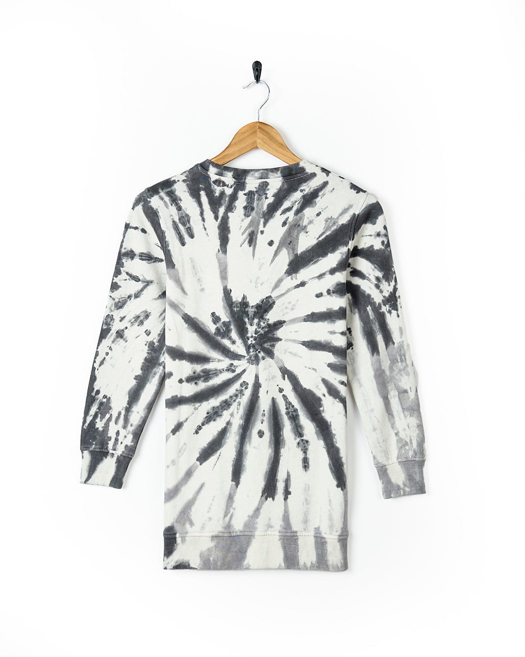 An Adventure Awaits - Kids Tie Dye Longline Sweat - Grey shirt hanging on a wooden hanger. (Brand: Saltrock)