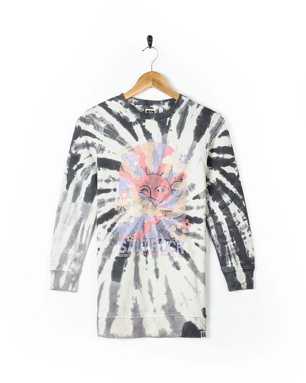 An Adventure Awaits - Kids Tie Dye Longline Sweat - Grey sweatshirt from Saltrock with an image of a cat on it.