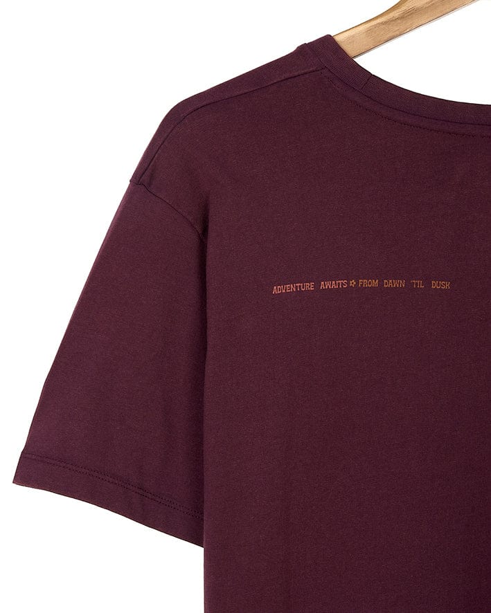 A Saltrock Adventure Awaits - Womens Short Sleeve T-Shirt - Dark Purple t-shirt with a message on it.