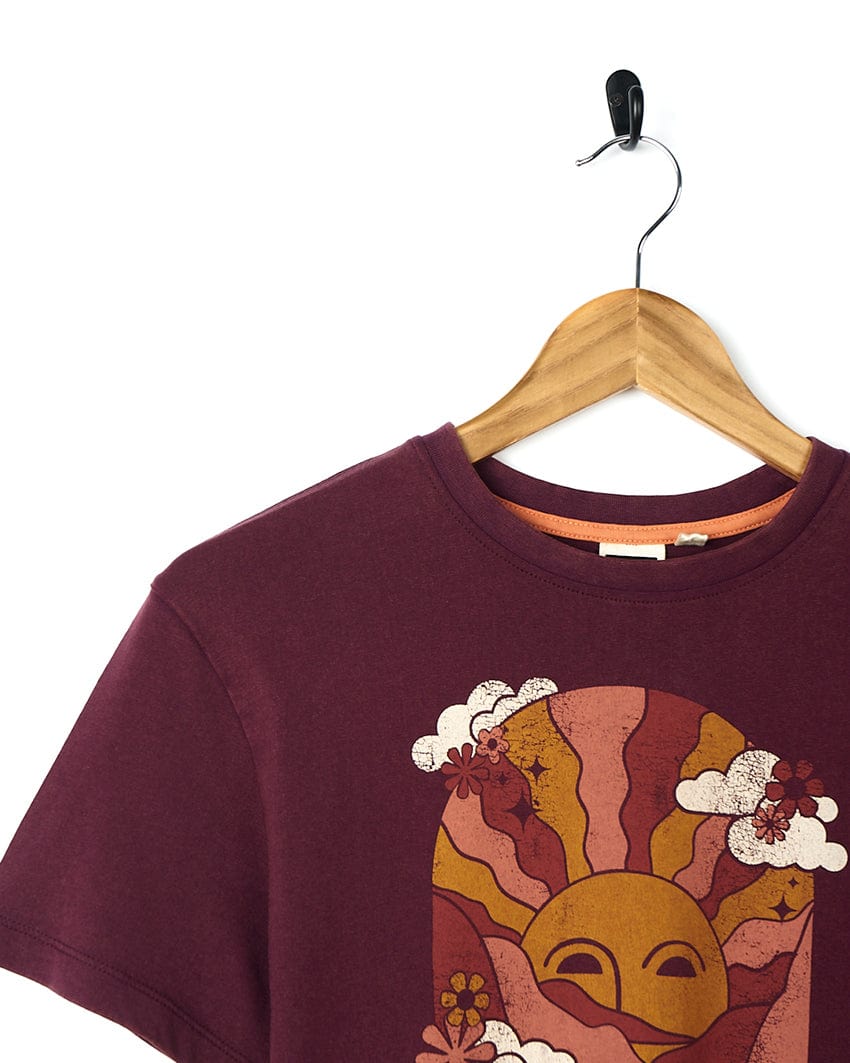 A Saltrock Adventure Awaits - Kids Short Sleeve T-Shirt - Dark Purple with a sun and clouds on it.