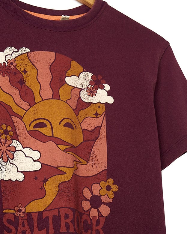 A Saltrock Adventure Awaits - Kids Short Sleeve T-Shirt - Dark Purple with a sun and flowers on it.