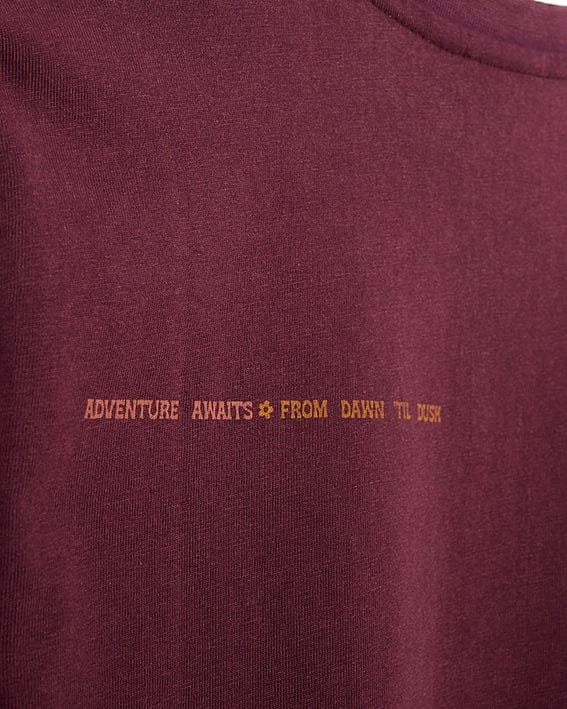 The back of a Saltrock Adventure Awaits - Kids Short Sleeve T-Shirt - Dark Purple with the words 'adventures await from the dance' on it.