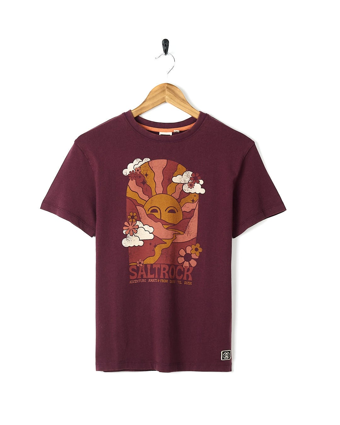 A Saltrock Adventure Awaits - Kids Short Sleeve T-Shirt - Dark Purple with an image of a sun.
