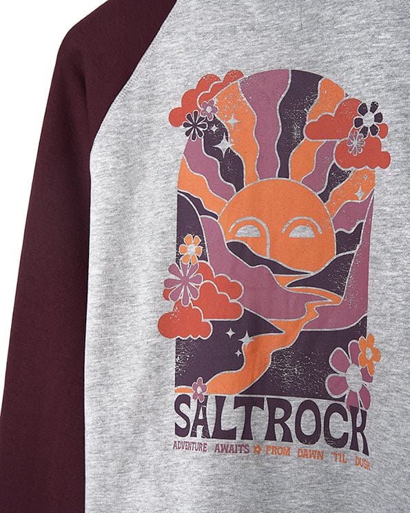 The Adventure Awaits - Womens Zip Hoodie - Light Grey from Saltrock has an image of a sun and the words saltrock.