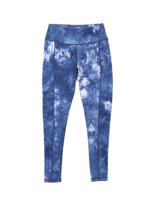 The high-quality Ahimsa womens leggings in blue are featured on a white background by Saltrock.