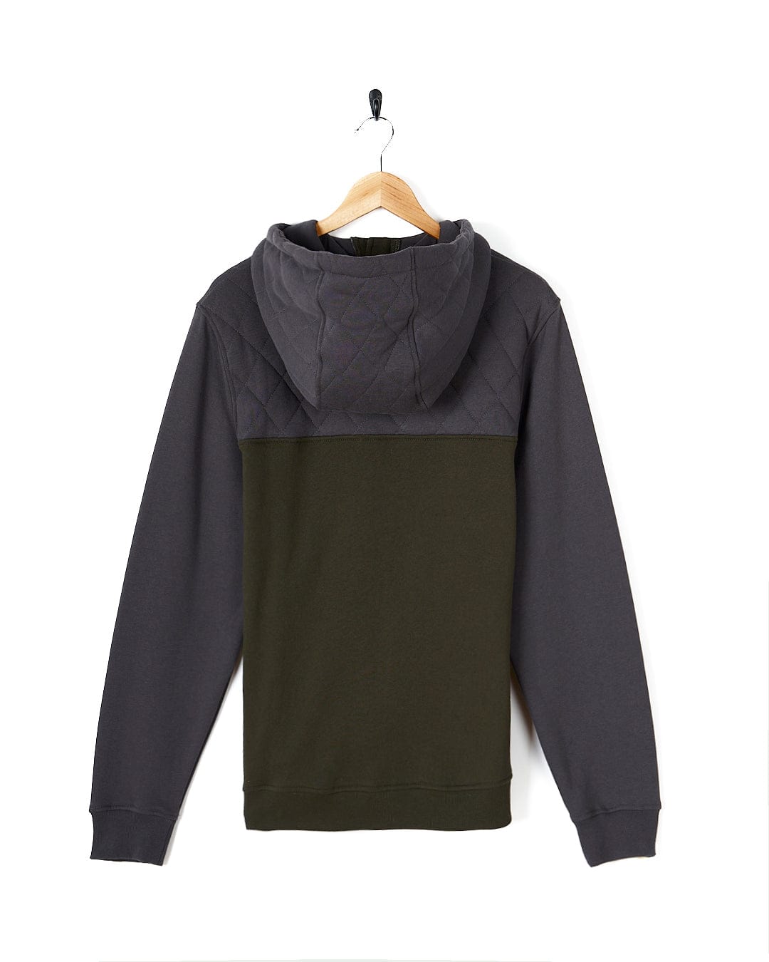 A Saltrock - Mens 1/4 Neck Hoodie - Dark Grey hanging on a hanger.