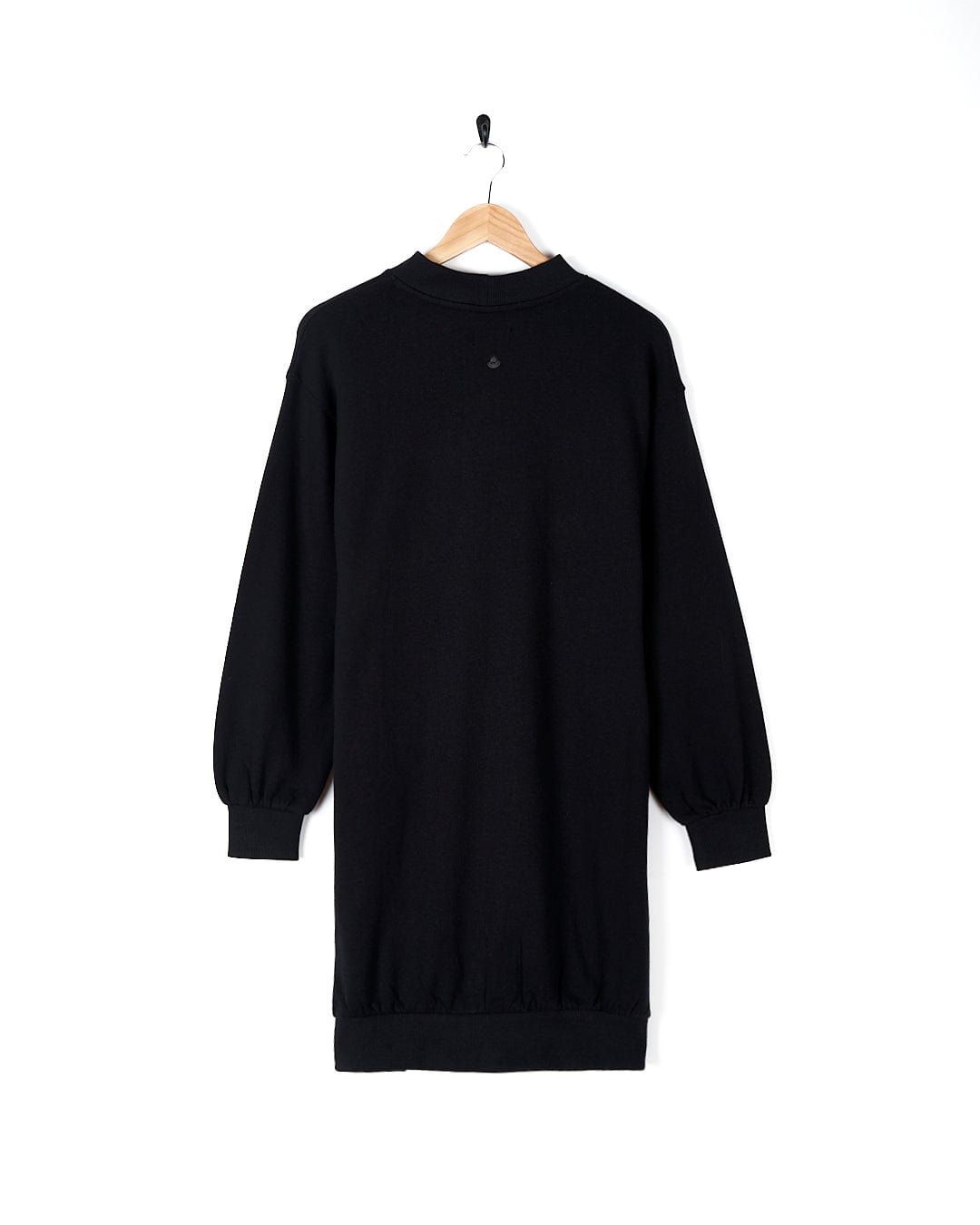 A black Alma - Womens Balloon Sleeve Sweat Dress by Saltrock hanging on a hanger.