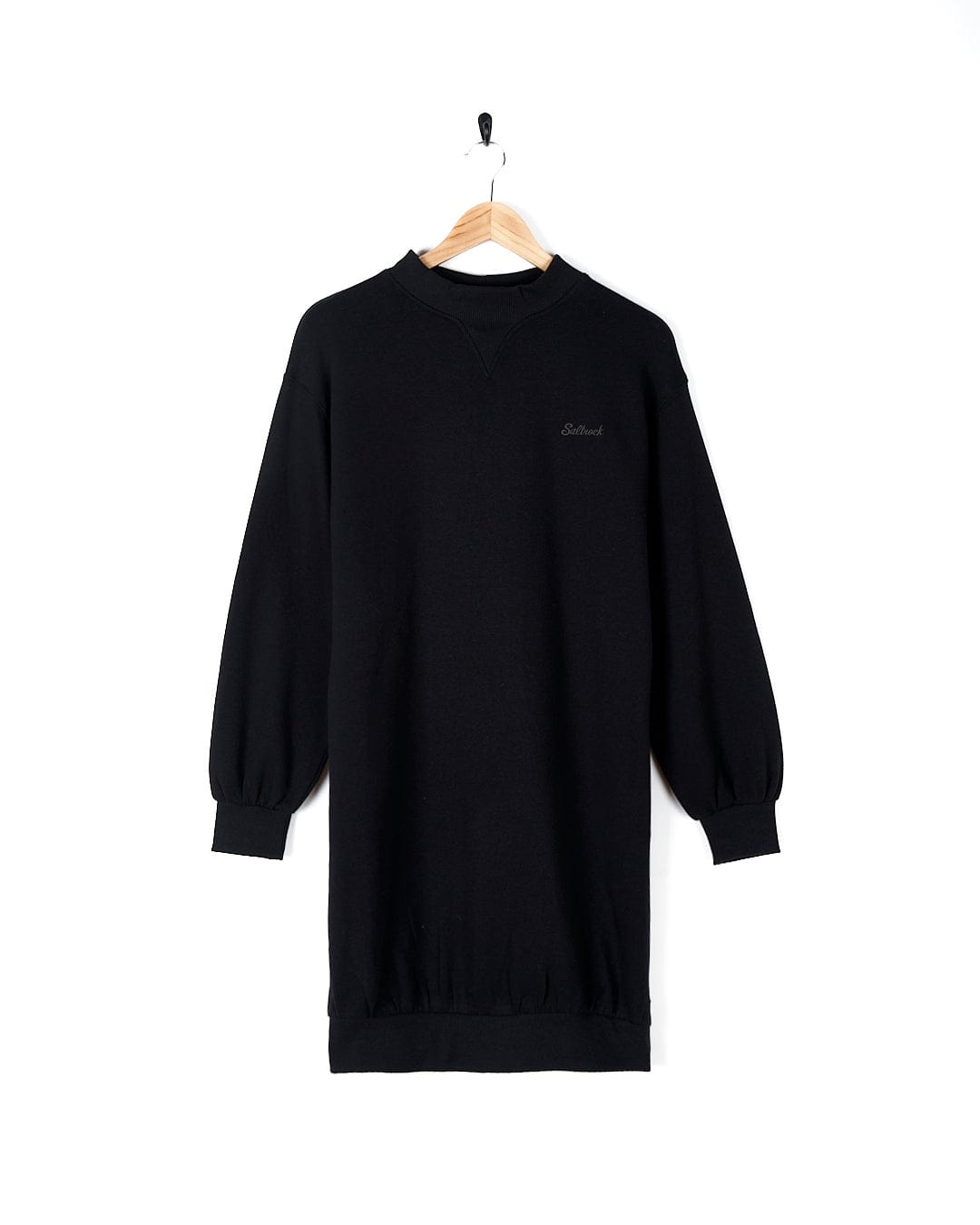 An Alma - Womens Balloon Sleeve Sweat Dress - Black from Saltrock hanging on a hanger.