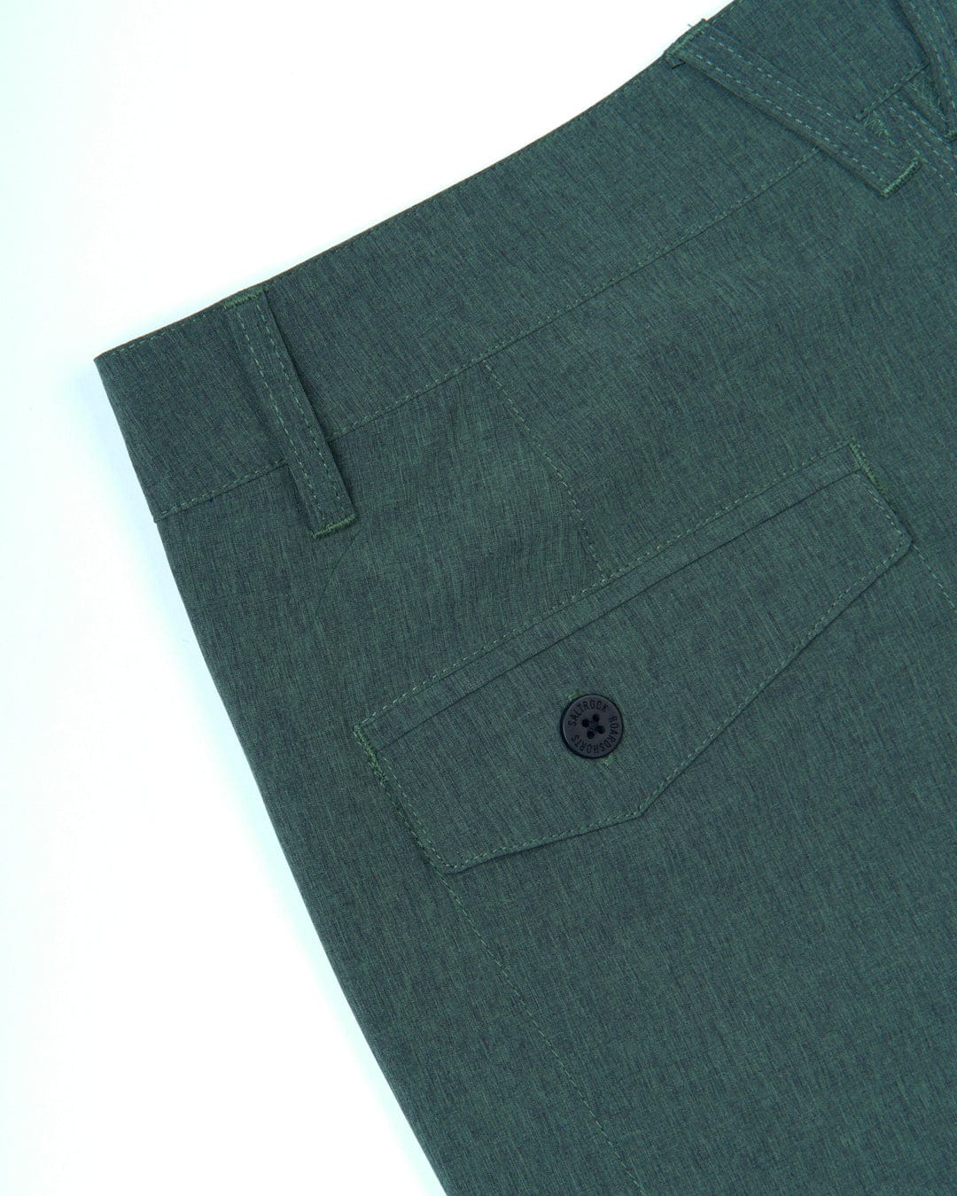 A close up of Saltrock's Amphibian 2 - Mens Hybrid Boardshorts in Dark Green with belt loops.