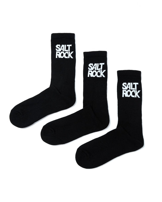 Three mid calf length black socks with "Saltrock" written in white text on the side are displayed against a plain white background. Crafted from warm material, the Athletic 3 Pack of Socks - Black are perfect for keeping your feet cozy and stylish.
