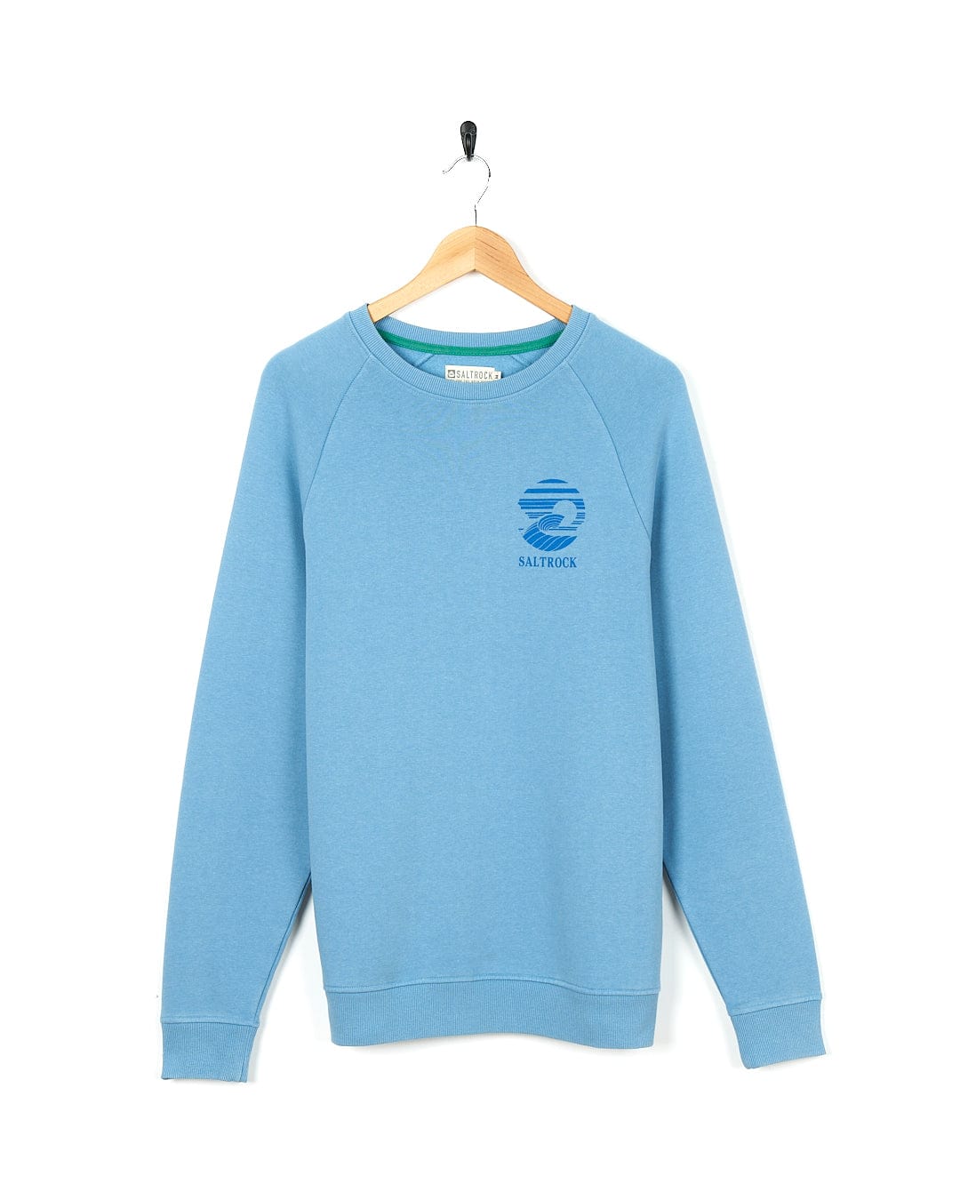 A Saltrock - Atlantic - Mens Crew Sweat - Light Blue sweatshirt with a blue logo on it.
