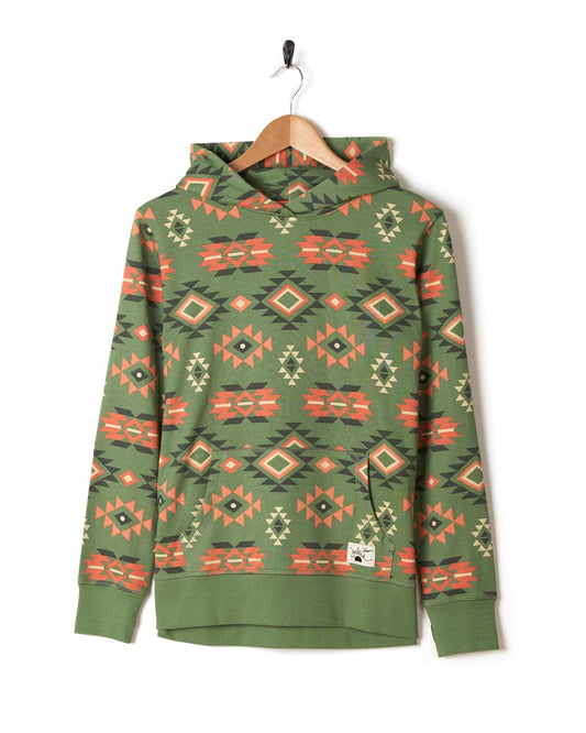A green hoodie with a Saltrock Aztec Santano - Womens Pop Hoodie - Green/Orange design.