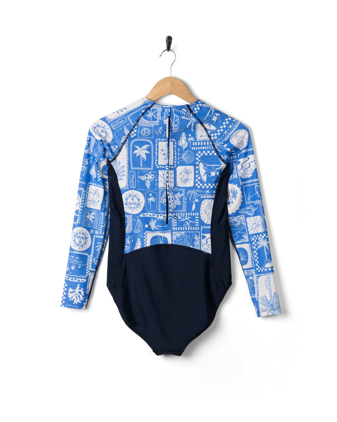 Island Tiles Womens Long Sleeve Swimsuit in Blue