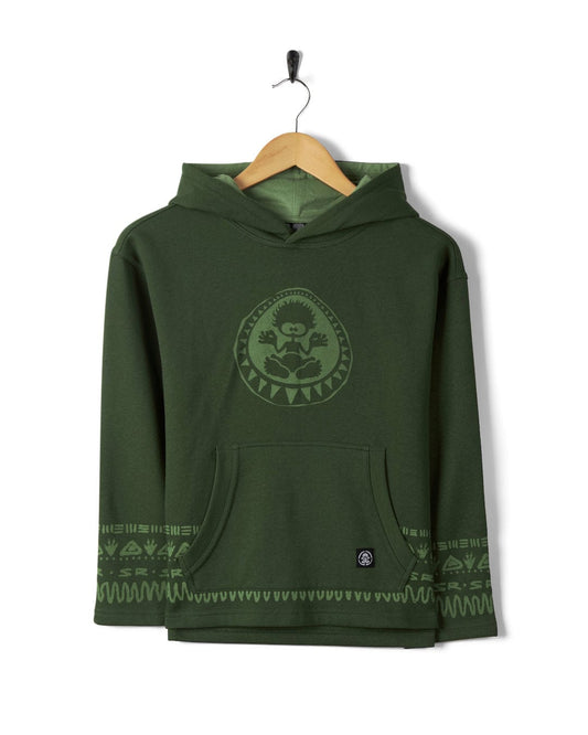 Back in the Day - Recycled Kids Pop Hoodie - Dark Green by Saltrock hanging on a wooden hanger against a white background.