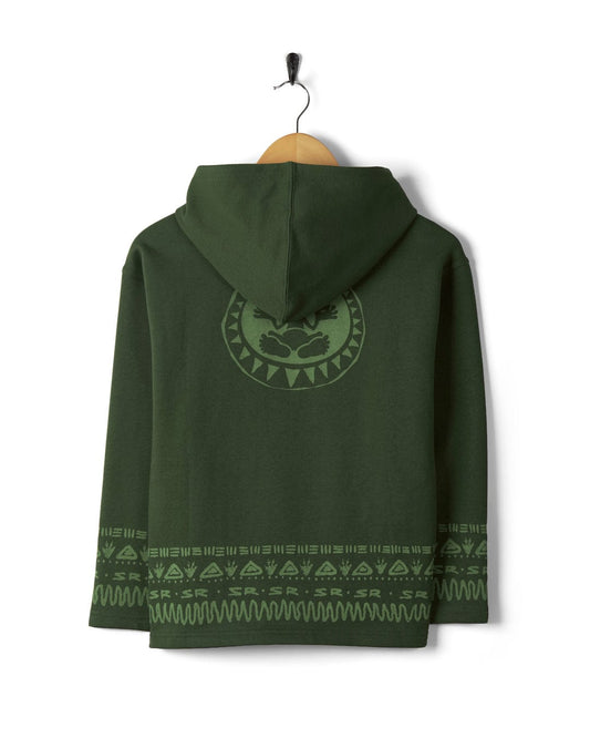 Back in the Day - Kids Pop Hoodie - Dark Green hoodie by Saltrock with bohemian style graphic print displayed on a hanger against a white background.