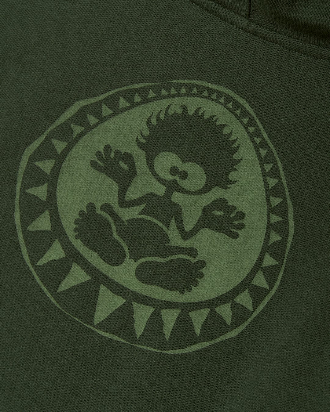 Dark green oversized Back in the Day - Recycled Kids Pop Hoodie featuring a circular emblem with a stylized, cartoonish character joyfully eating turkey inside an Aztec pattern border by Saltrock.