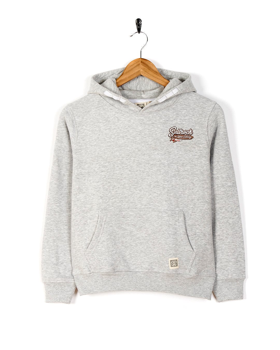 A Saltrock Beach Signs Cornwall - Kids Pop Hoodie - Grey with a brown logo on it.