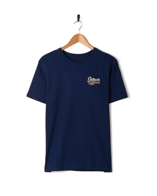 A navy t-shirt with a Saltrock Beach Signs Cornwall branding logo on it.