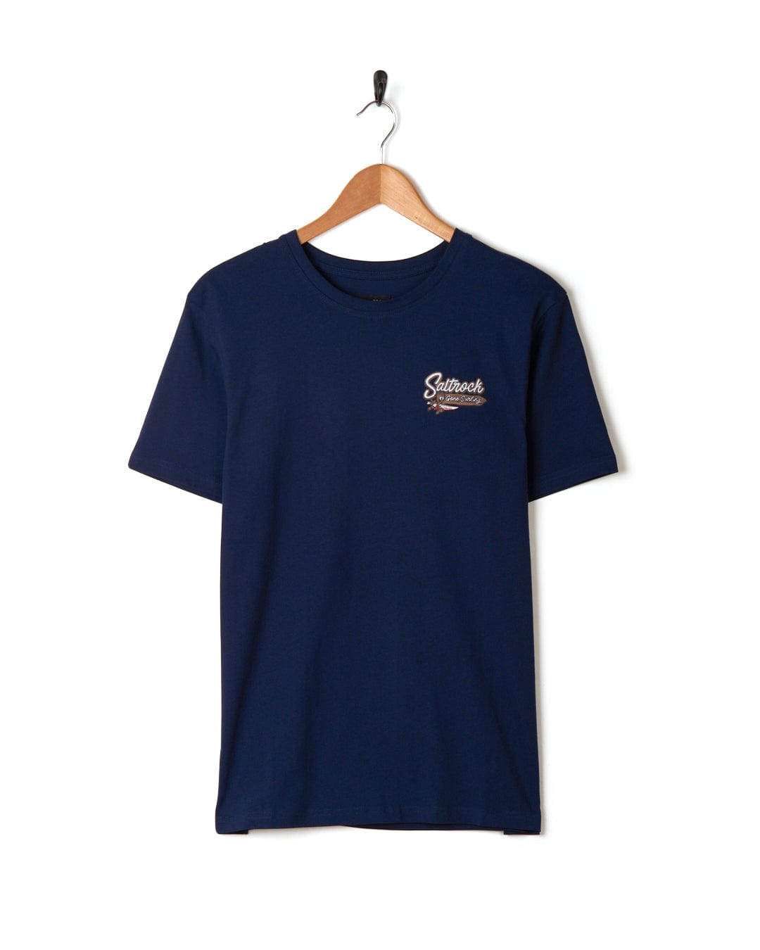 A navy t-shirt with a Saltrock Beach Signs Cornwall branding logo on it.