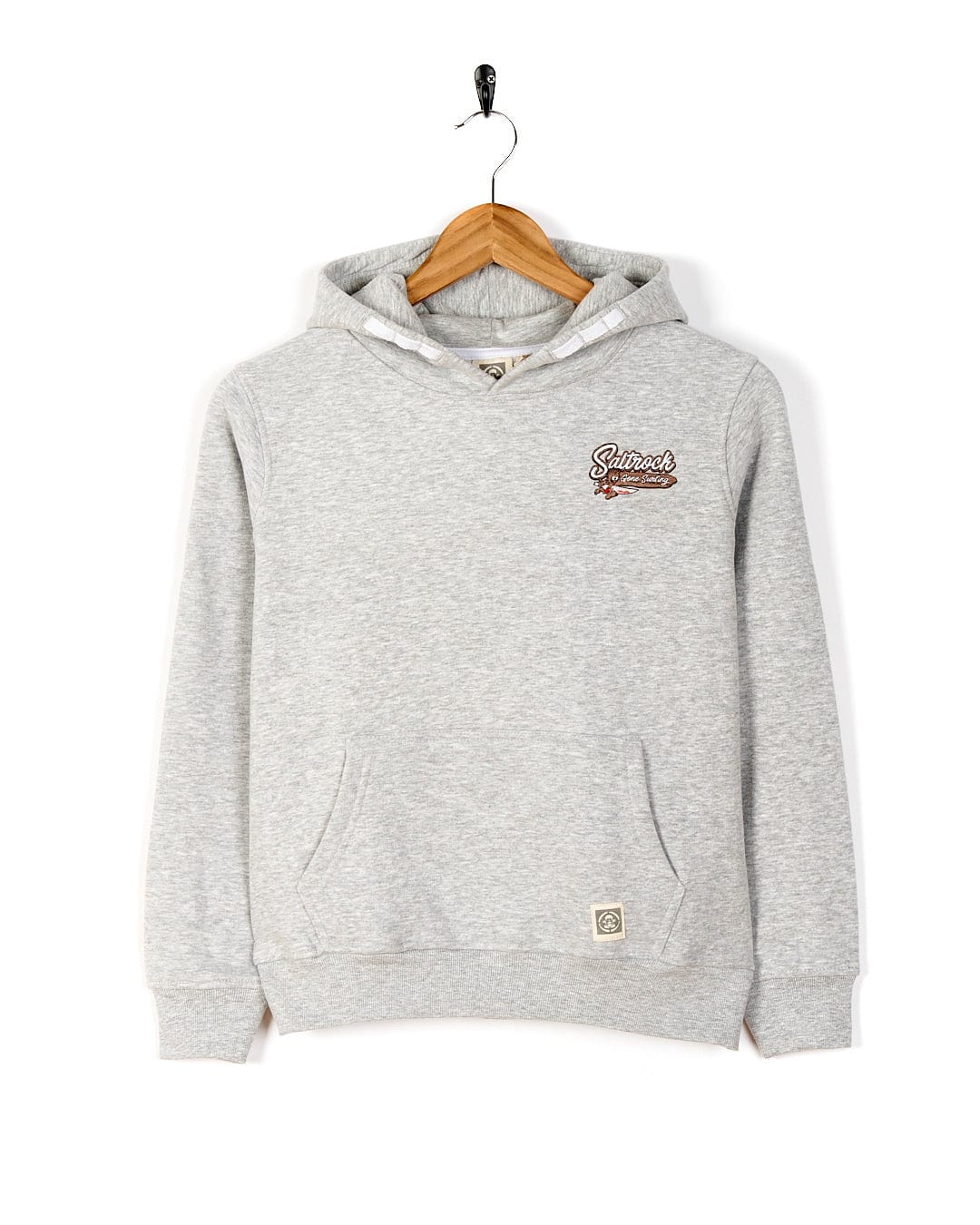 A Beach Signs Devon - Kids Pop Hoodie - Grey featuring a brown logo from Saltrock brand.
