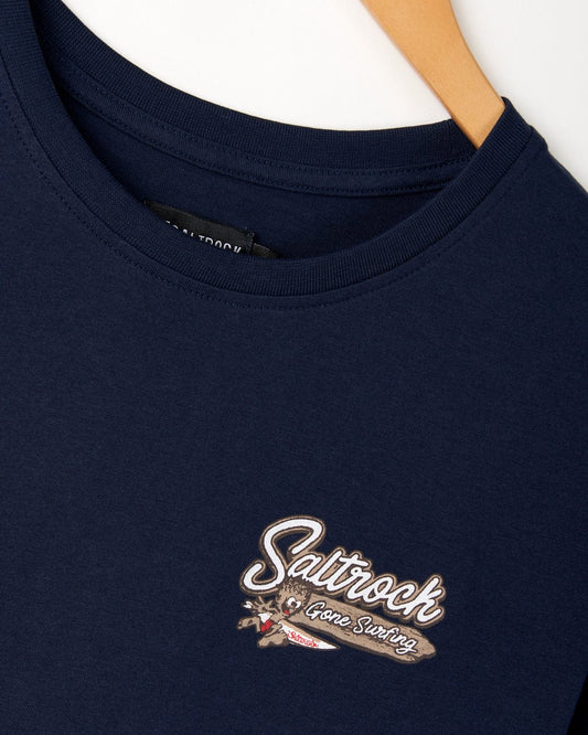 A Beach Signs Devon mens short sleeve t-shirt in blue with a Saltrock branding logo on it, providing a peached soft hand feel.