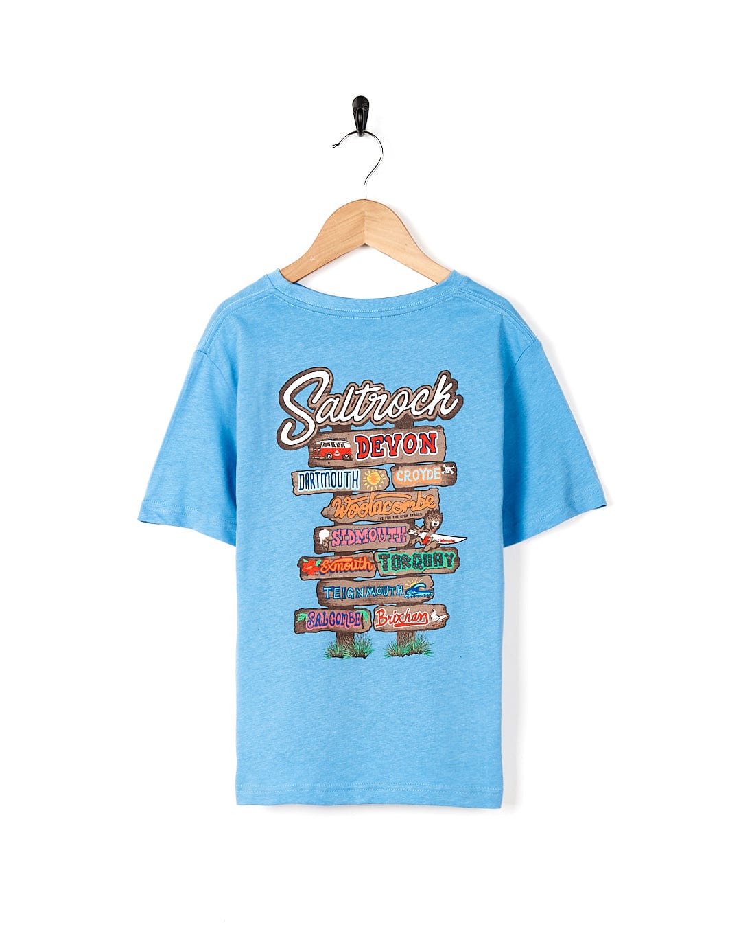 A Saltrock Devon - Kids Short Sleeve T-Shirt - Light Blue with a sign on it.