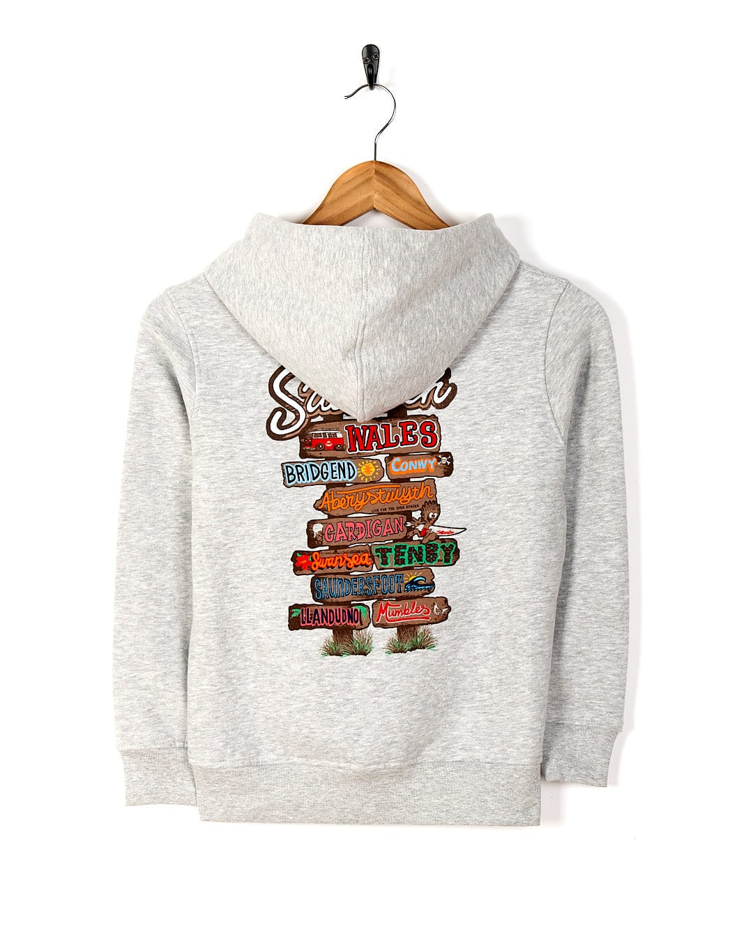 A Saltrock Beach Signs Wales - Kids Pop Hoody - Grey with an image of a skateboard on it.