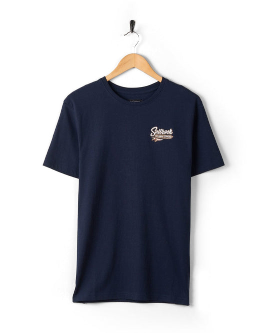 A navy t-shirt with Beach Signs Wales branding.