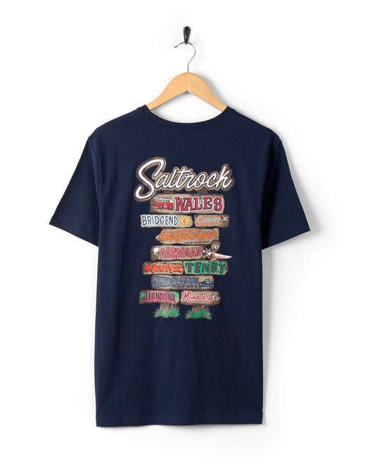 This navy t-shirt with a peached soft hand feel finish features the Beach Signs Wales branding.