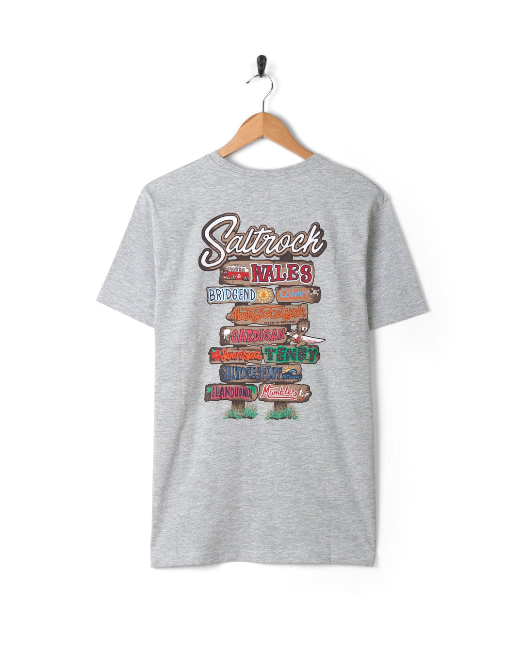 A grey t-shirt with Saltrock branding that says Saturdays and Beach Signs Wales.