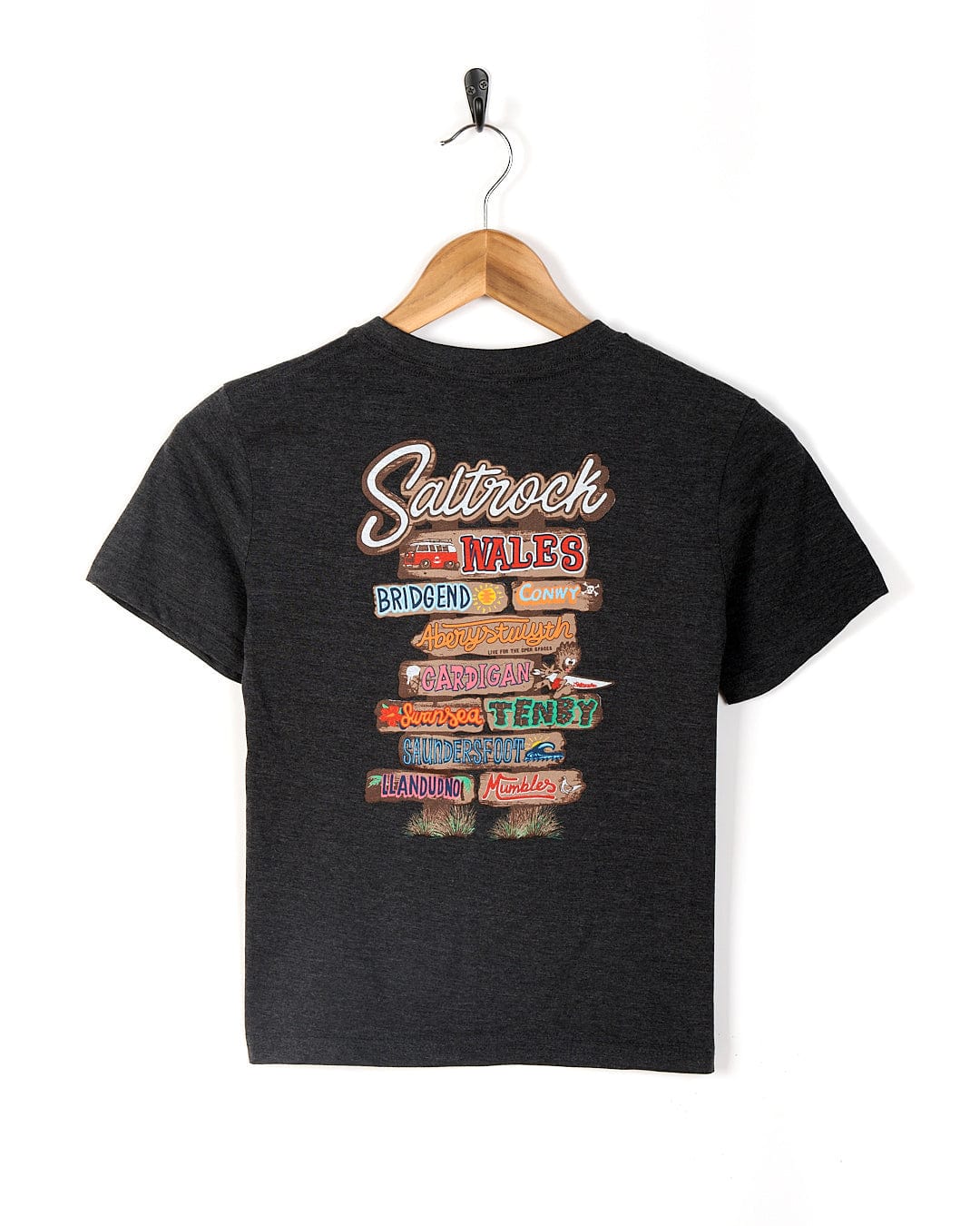 A Beach Signs Wales - Kids Short Sleeve T-Shirt - Dark Grey with the word Saltrock on it, perfect for representing your love for Cornwall beaches in Wales.