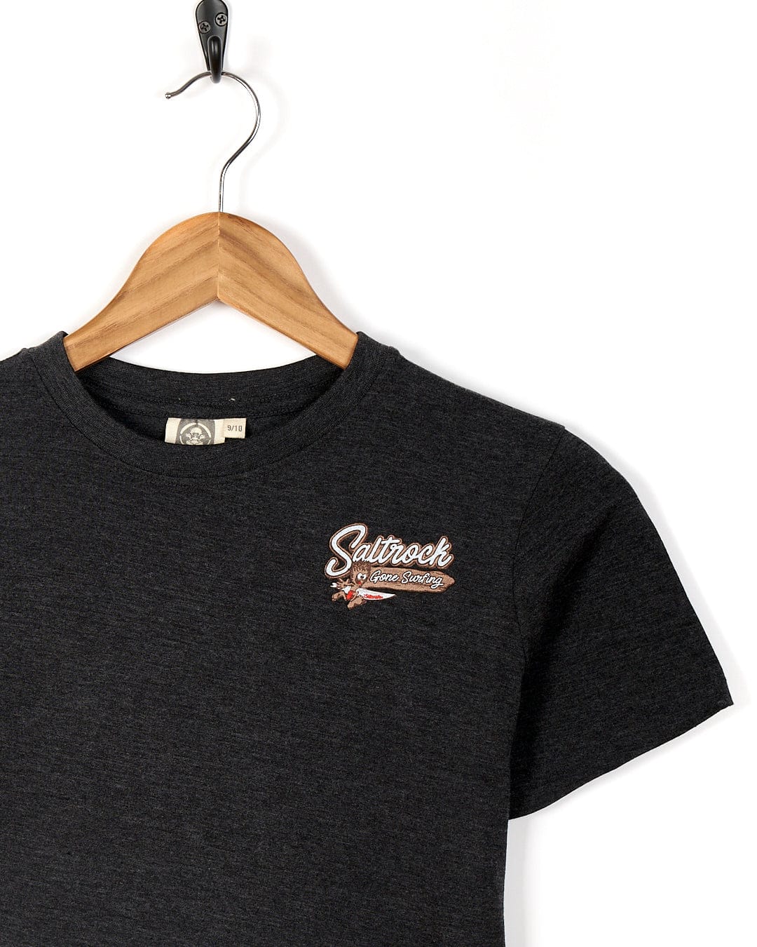 A Saltrock - Kids Short Sleeve T-Shirt - Dark Grey with an orange logo on it.