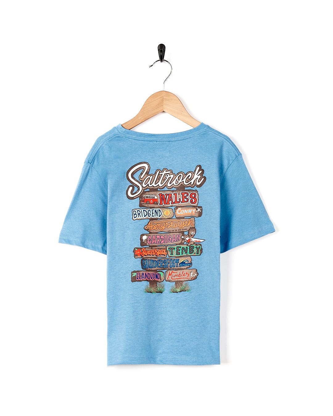 A Saltrock - Beach Signs Wales Kids Short Sleeve T-Shirt (Light Blue) with a sign on it.
