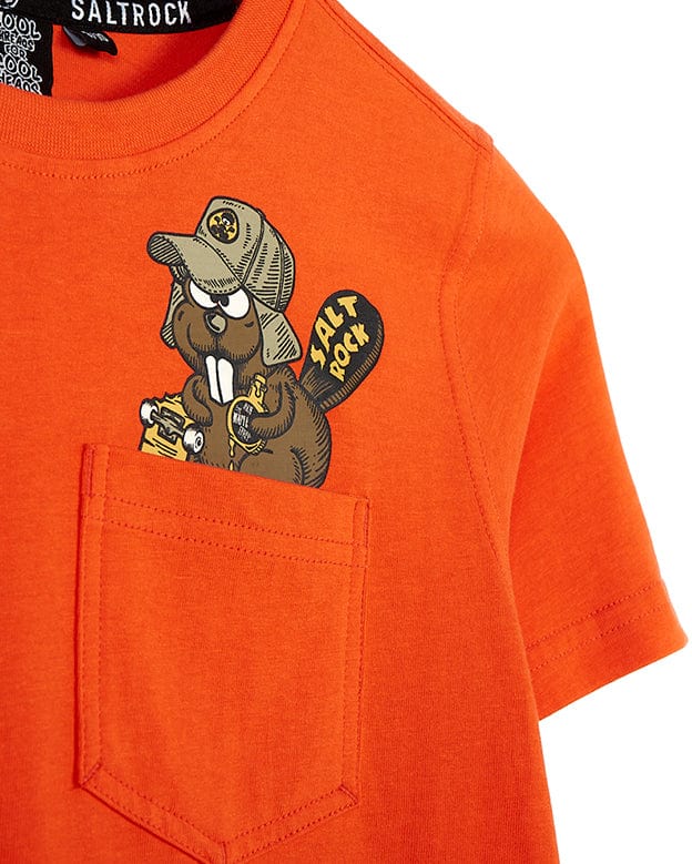 A Beavering Around - Kids Short Sleeve T-Shirt - Orange featuring Saltrock branding and a cartoon skateboarding beaver on an orange tee.