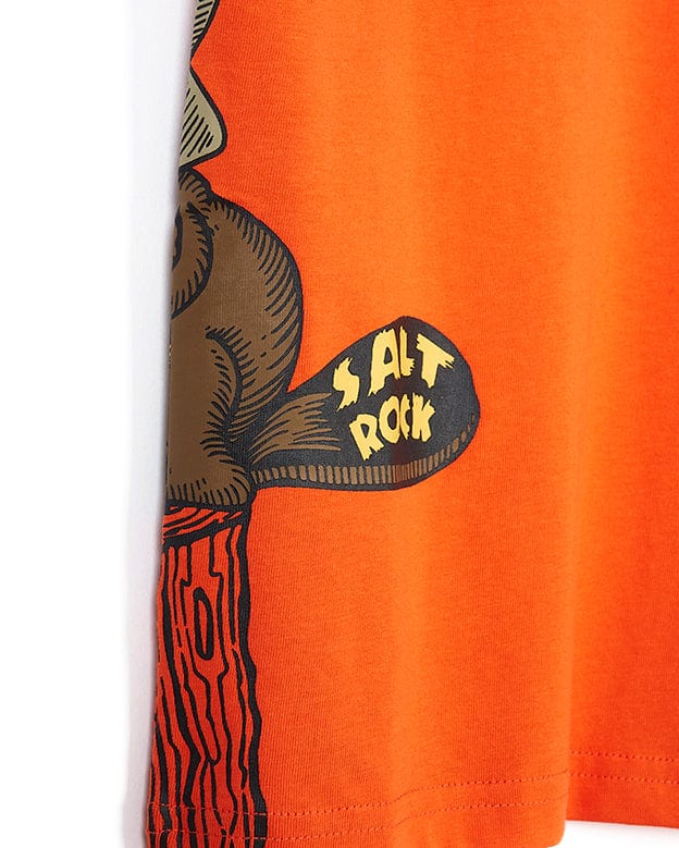 A Beavering Around - Kids Short Sleeve T-Shirt - Orange from Saltrock, with a cartoon bear on it.
