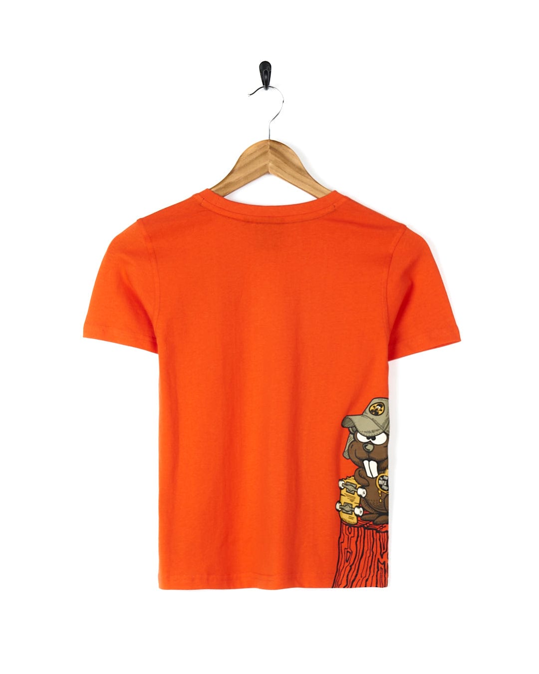 An orange tee with a bear on it featuring Saltrock branding, the Beavering Around - Kids Short Sleeve T-Shirt - Orange.