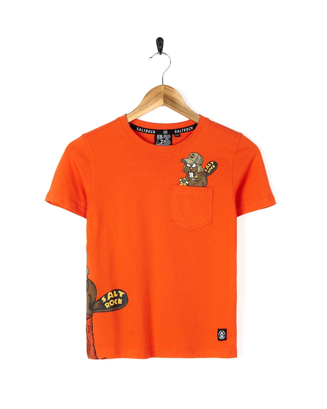 An orange Beavering Around - Kids Short Sleeve T-Shirt with a bear on it featuring Saltrock branding.