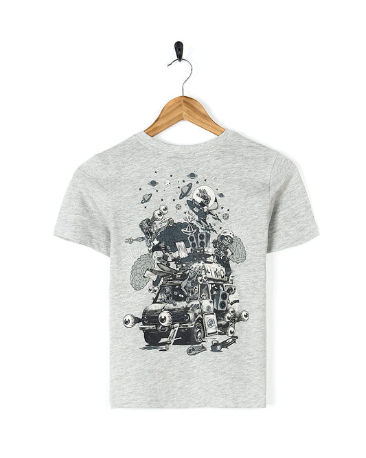 An illustration of a car and motorcycle on a Saltrock Bedford Mash Up - Kids Short Sleeve T-Shirt in Grey.