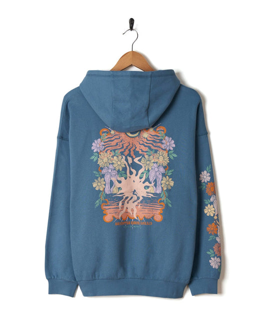 A Better Days - Womens Pop Hoodie in blue from Saltrock with a tiger graphic design hanging on a clothes hanger against a white background.
