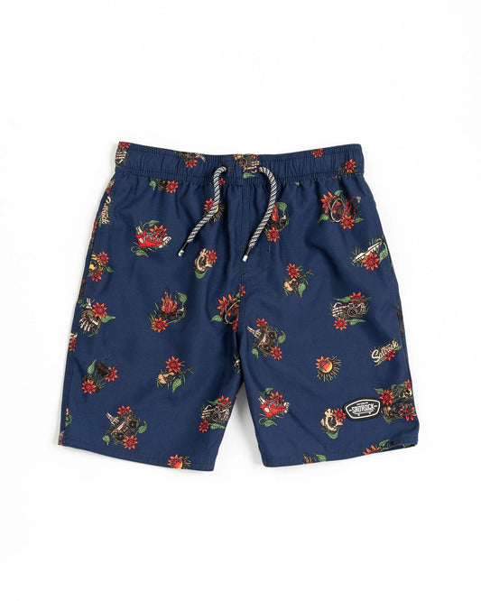 The Saltrock Wanderer Men's Swim Shorts in blue feature a floral and nautical tattoo design with roses, anchors, and ships. They include a drawstring, elasticated waistband for comfort, mesh lining for breathability, and have a logo patch on the left leg.