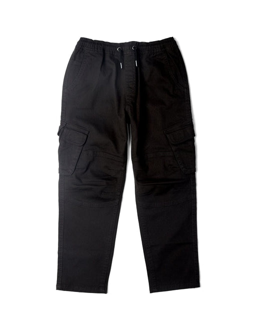 A pair of Bora Bora - Kids Cargo Trousers - Cargo - Dark Grey from Saltrock with an elasticated waist and drawstrings, featuring multiple cargo style pockets.