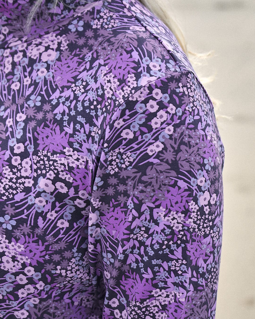The back of a woman wearing a Saltrock purple ditsy floral print Brooklyn - Womens Long Sleeve T-Shirt.